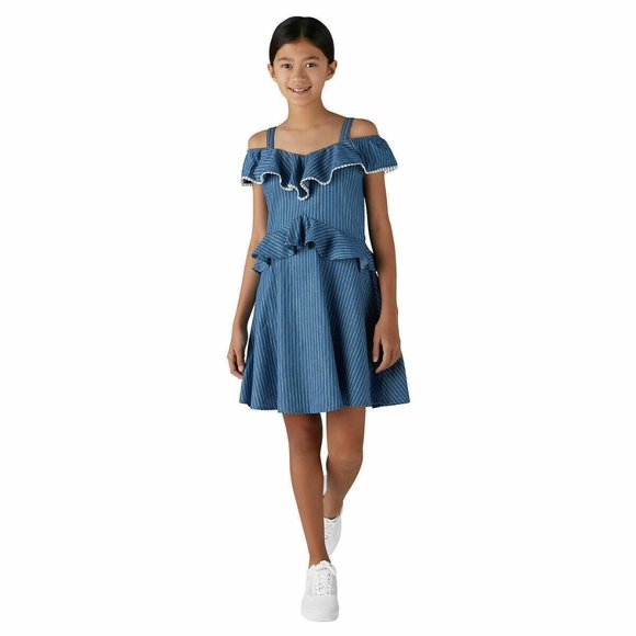 BCBGirls Other - BCBGirls Dress Blue White Stripe Cold Shoulder Ruffle